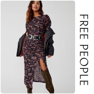 Free People Briella Midi Ruched Dress with Slit and Puff Sleeves
